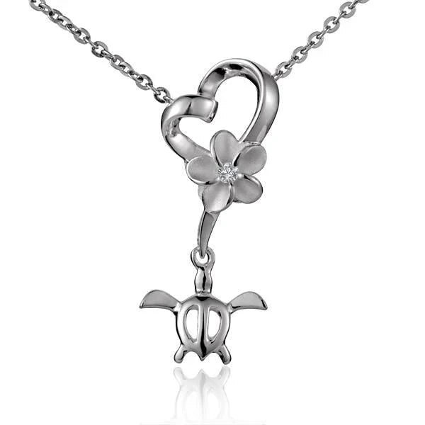 Hawaiian 925 Sterling Silver plumeria Heart and Honu pendant, 8mm, featuring floral and turtle motifs.