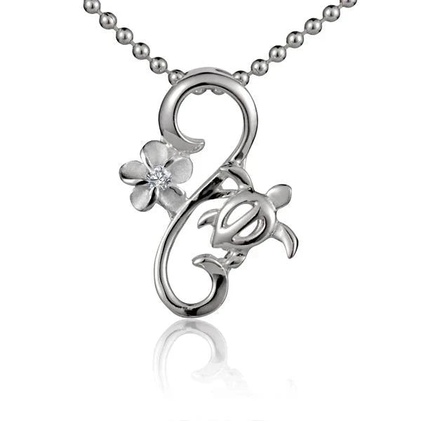 Hawaiian 925 Sterling Silver plumeria Honu wire pendant featuring Hawaiian turtle and flower design, handcrafted jewelry.