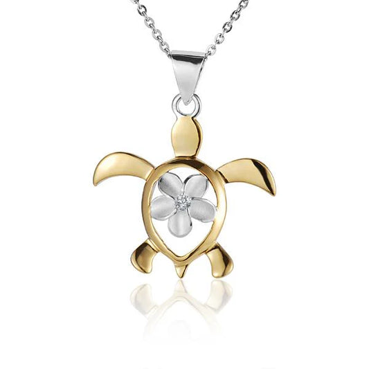 Sterling silver Plumeria in Honu 2T pendant, 10mm, featuring floral and turtle design, crafted by Ashley's Gift Shop.