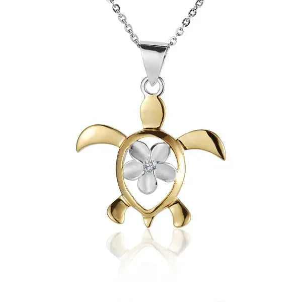 Hawaiian 925 Sterling Silver plumeria in Honu 2T pendant, 10mm, featuring floral and turtle design.