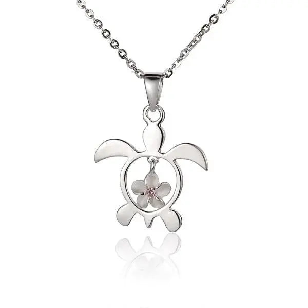 Hawaiian 925 Sterling Silver plumeria in Honu pendant featuring a tropical flower and turtle design.