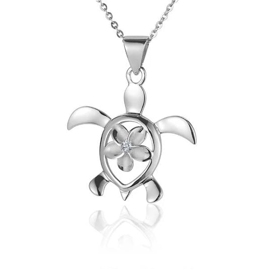 Sterling silver Plumeria in Honu Rhodium Pendant, 10mm, featuring a detailed floral design on a silver necklace.