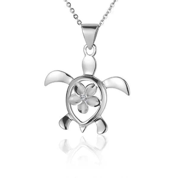 Hawaiian 925 Sterling Silver plumeria in Honu Rhodium Pendant, 10mm, featuring a detailed floral design on a silver necklace.