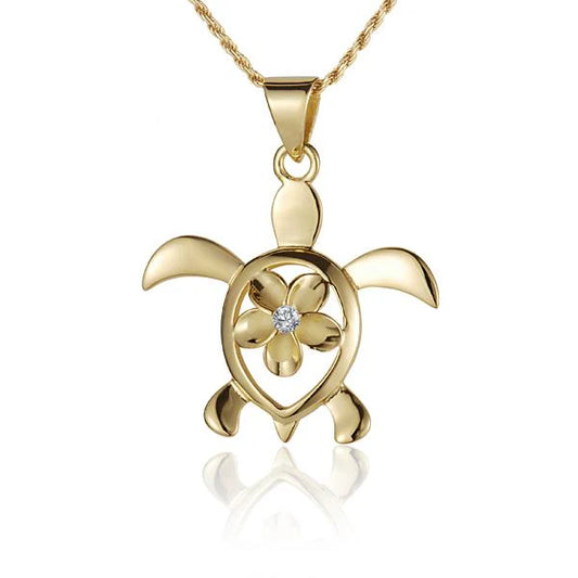 Sterling silver Plumeria pendant with Honu design, 10mm size, featuring yellow gold plating, crafted by Ashley's Gift Shop.