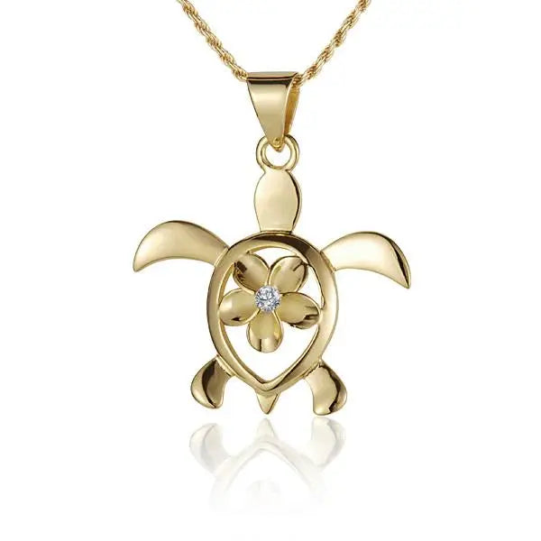 Hawaiian 925 Sterling Silver plumeria pendant with Honu design, 10mm size, featuring yellow gold plating.