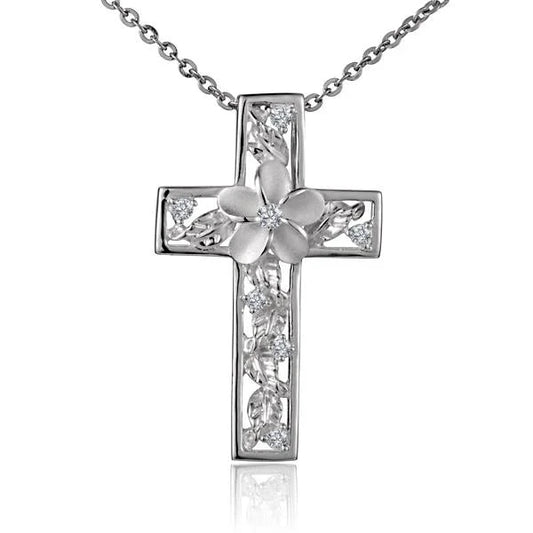 Sterling silver Plumeria leaf cross pendant featuring detailed leaf design, perfect for elegant jewelry.