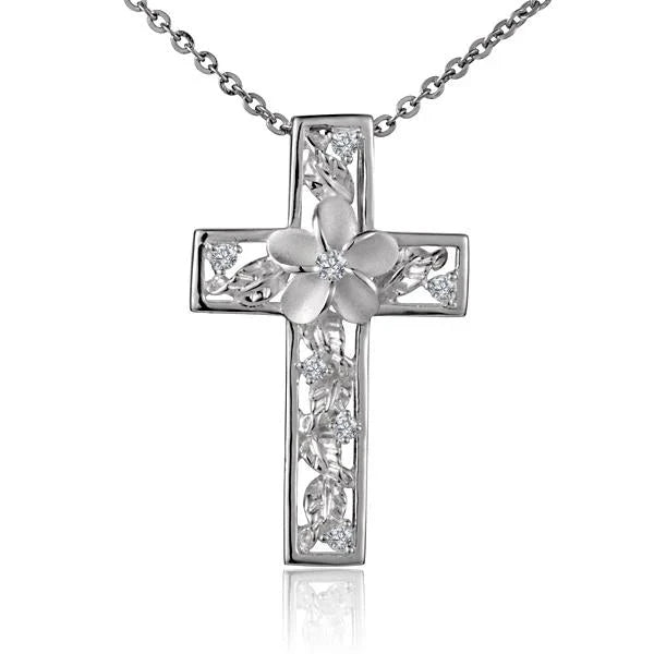 Hawaiian 925 Sterling Silver plumeria leaf cross pendant featuring detailed leaf design.