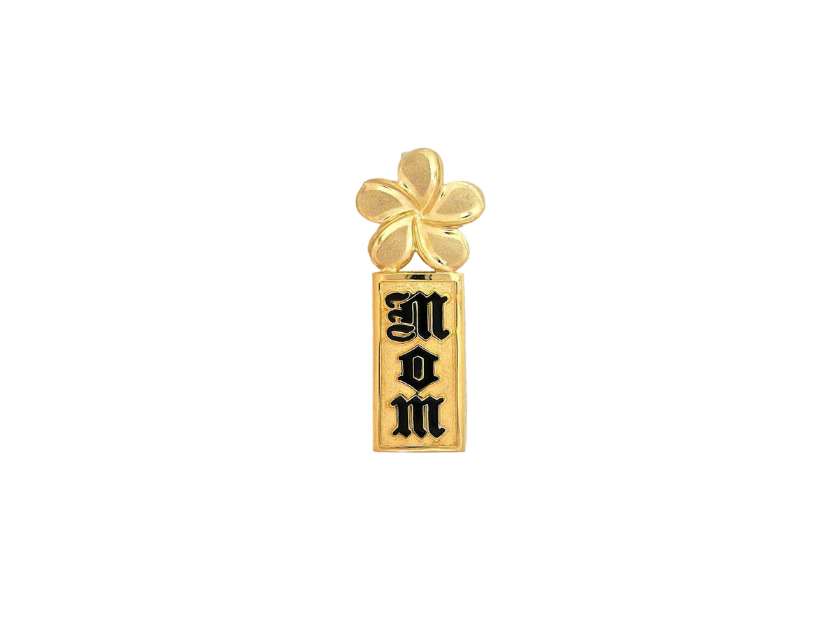 Hawaiian 14K Gold plumeria Mom vertical pendant with floral design.