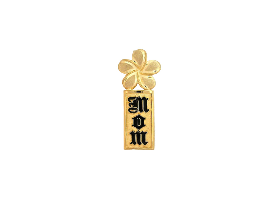 Hawaiian 14K Gold plumeria Mom vertical pendant with floral design.