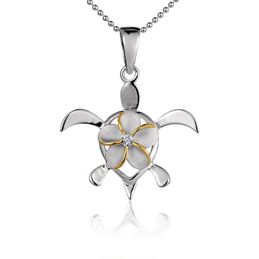 Sterling silver Plumeria on Honu 2T pendant, 28mm, featuring a floral and turtle design in fine craftsmanship.