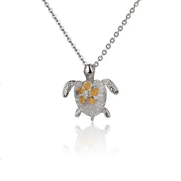 Hawaiian 925 Sterling Silver plumeria on Turtle 2T pendant with 8mm size, featuring detailed floral and turtle design.