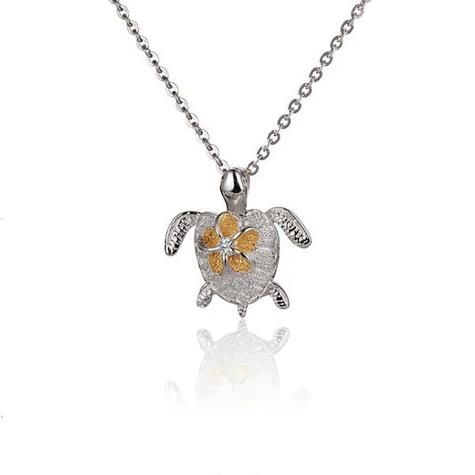 925 sterling silver Plumeria on Turtle 2T pendant with 8mm size, featuring detailed floral and turtle design.