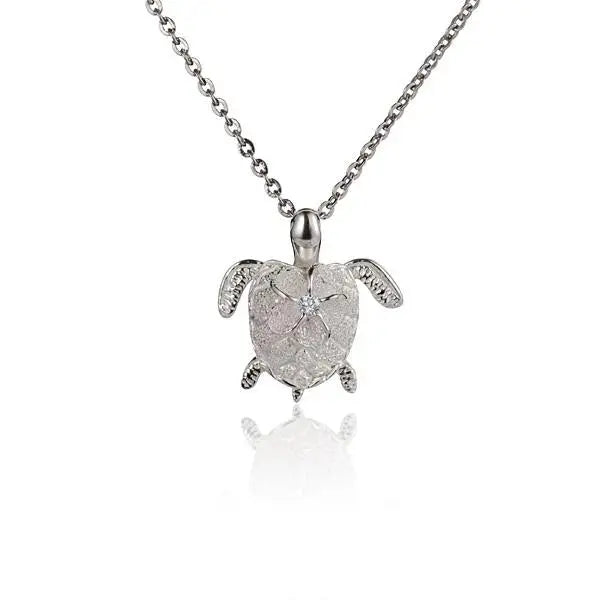 Hawaiian 925 Sterling Silver plumeria on turtle pendant, 8mm size, featuring detailed flower and turtle design.