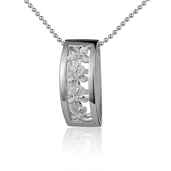 Hawaiian 925 Sterling Silver plumeria oval pendant featuring intricate floral design.
