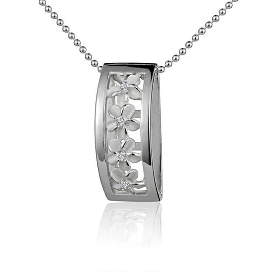 Sterling silver Plumeria oval pendant featuring intricate floral design, ideal for necklace jewelry.