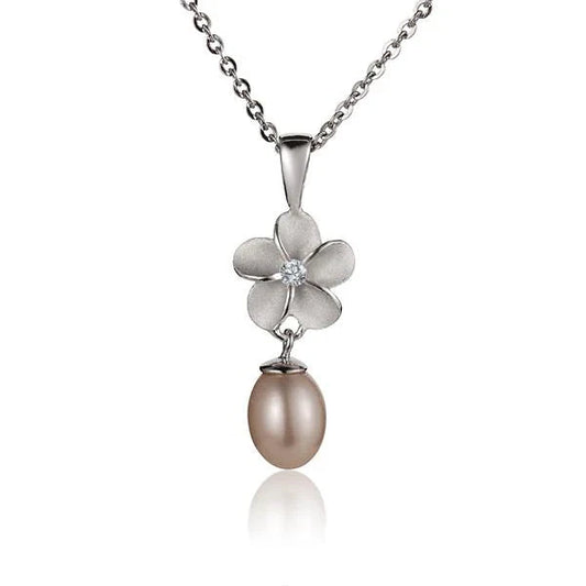 Sterling silver Plumeria and pearl pendant with 10mm flower design, crafted by Ashley's Gift Shop.
