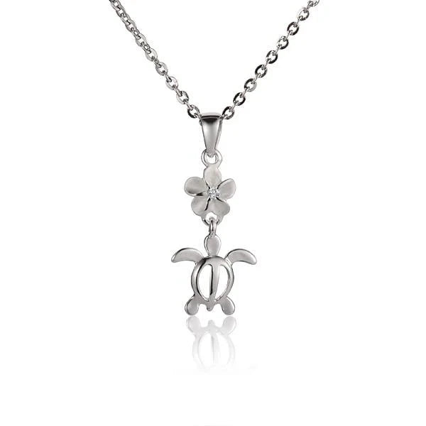 Hawaiian 925 Sterling Silver plumeria Pink CZ and Honu pendant, 6mm size, featuring floral and turtle design.