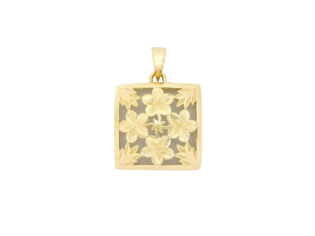 Hawaiian 14K Gold large 14K gold Plumeria Quilt Pendant with intricate floral design.