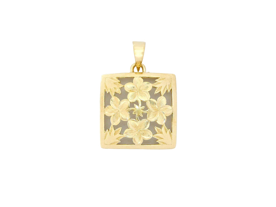 Hawaiian 14K Gold large 14K gold Plumeria Quilt Pendant with intricate floral design.