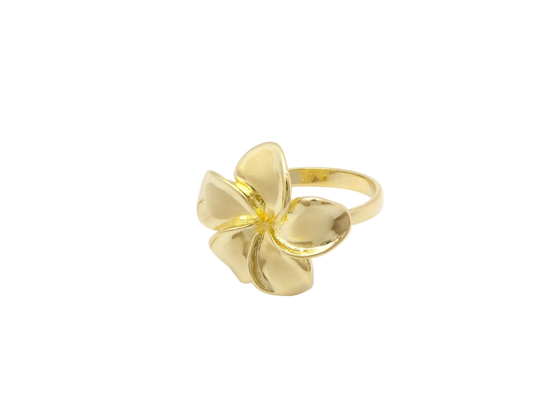 Hawaiian 14K Gold plumeria ring size 5 with detailed floral design.