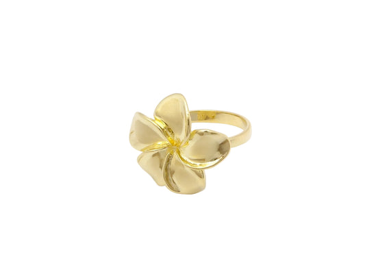 Hawaiian 14K Gold plumeria ring size 5 with detailed floral design.