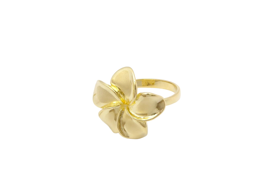 Hawaiian 14K Gold plumeria ring size 5 with detailed floral design.