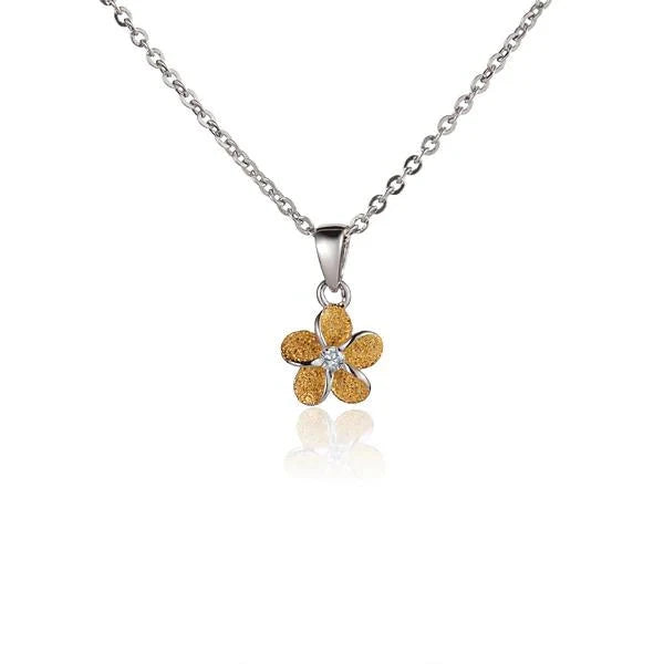 Hawaiian 925 Sterling Silver plumeria Sand YG pendant, 8mm, featuring intricate floral design in yellow gold finish.