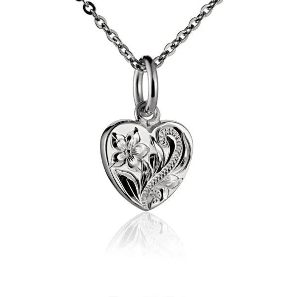 Hawaiian 925 Sterling Silver plumeria SCR Heart Pendant in small size, featuring intricate floral design.