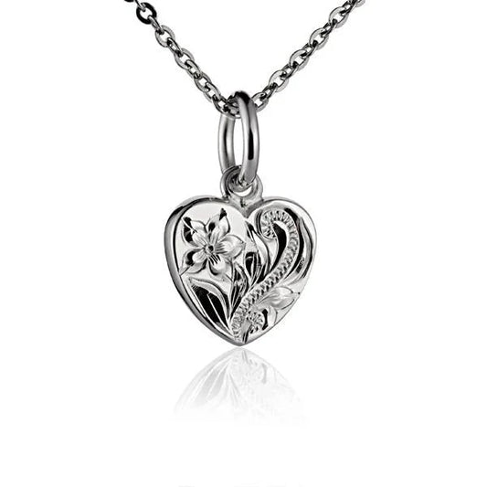 Sterling silver Plumeria SCR Heart Pendant in small size, featuring intricate floral design, from Ashley's Gift Shop.