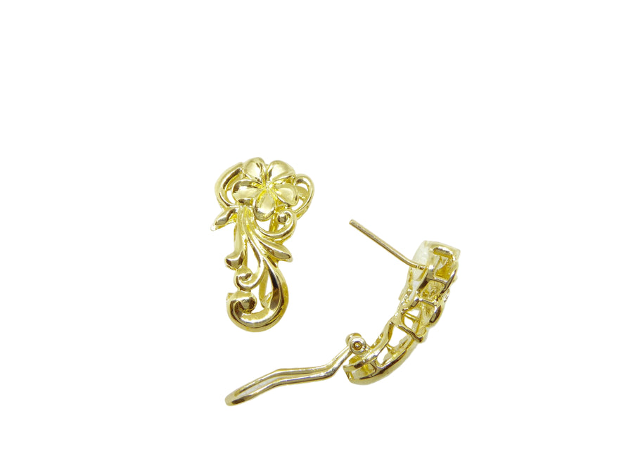 Hawaiian 14K Gold plumeria Scroll Clip Earring with intricate floral design, elegant jewelry piece.