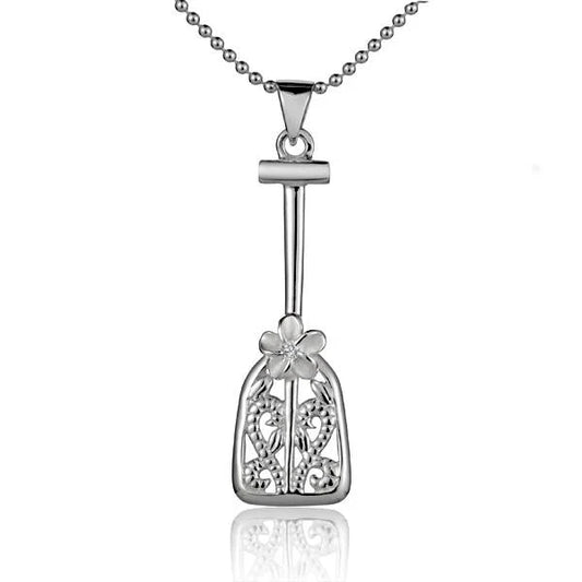 Sterling silver Plumeria Scroll Paddle Pendant featuring intricate floral and scroll designs, perfect for jewelry collection.