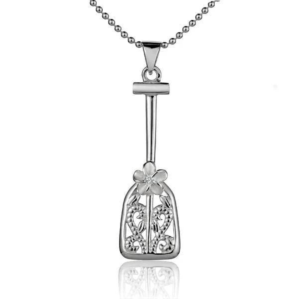 Hawaiian 925 Sterling Silver plumeria Scroll Paddle Pendant featuring intricate floral and scroll designs.