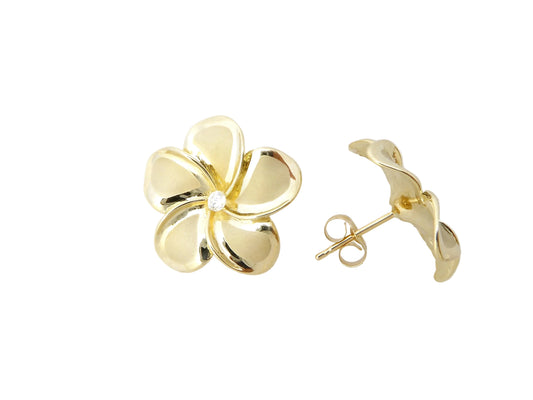14K Plumeria w/ 10pt Diamond Earring — Hawaiian jewelry from Ashley's Gift Shop
