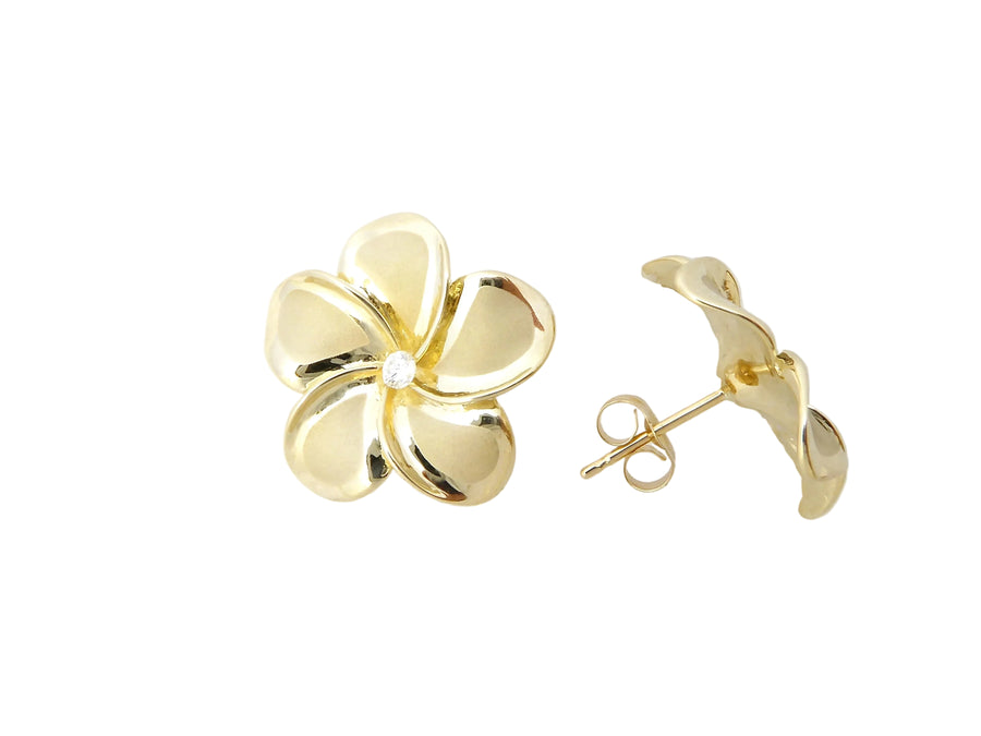 Hawaiian 14K Gold plumeria earring with a 10-point diamond, featuring intricate flower design and elegant craftsmanship.