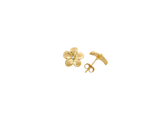 14K Plumeria w/ 4pt Diamond Earring #2 — Hawaiian jewelry from Ashley's Gift Shop