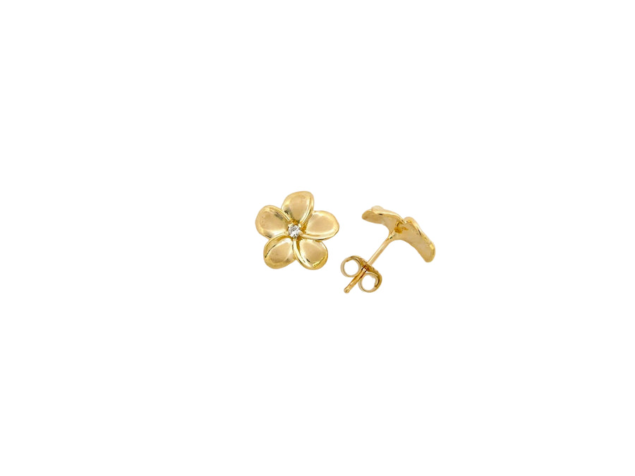 Hawaiian 14K Gold plumeria earring with a 4pt diamond accent, elegant jewelry piece.