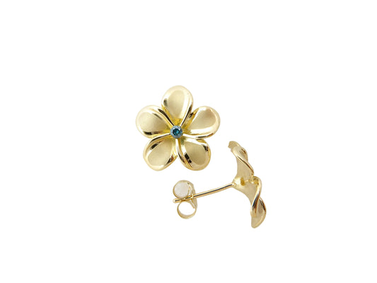 14K Plumeria w/ 6 pt. Blue Diamond Earring #3 — Hawaiian jewelry from Ashley's Gift Shop