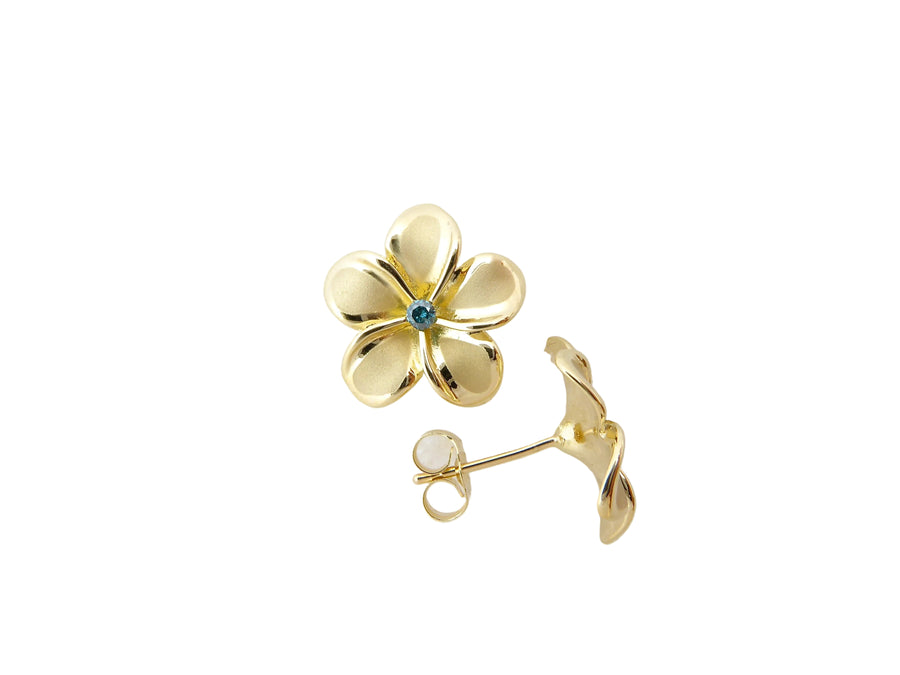 Hawaiian 14K Gold plumeria earring with a 6-point blue diamond, delicate floral design, jewelry.