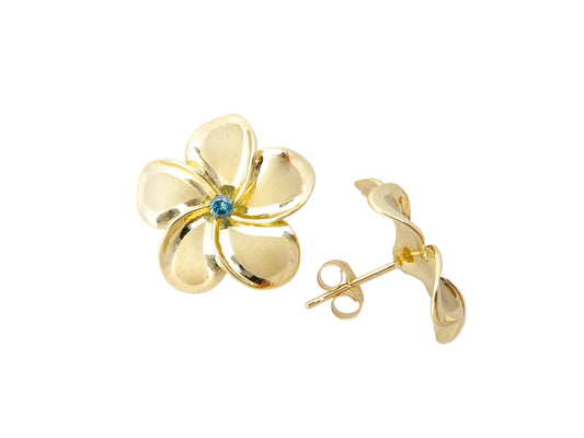 14K Plumeria w/ 6 pt. Blue Diamond Earring #4 — Hawaiian jewelry from Ashley's Gift Shop