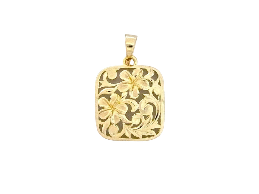 Hawaiian 14K Gold large 14K gold Puanani Plumeria pendant featuring intricate floral design.