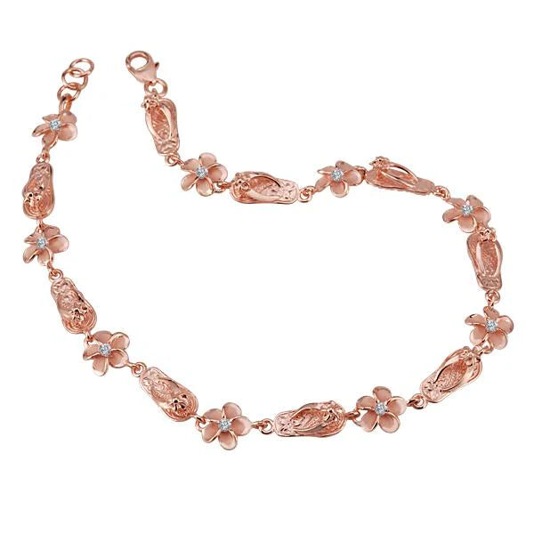 Hawaiian 925 Sterling Silver pumeria CZ slipper anklet with 8mm PG plating, featuring delicate design and secure clasp.