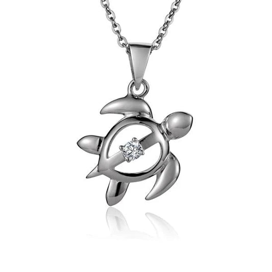 Silver R-Honu 1CZ pendant featuring a carved turtle design, handcrafted by Ashley's Gift Shop.