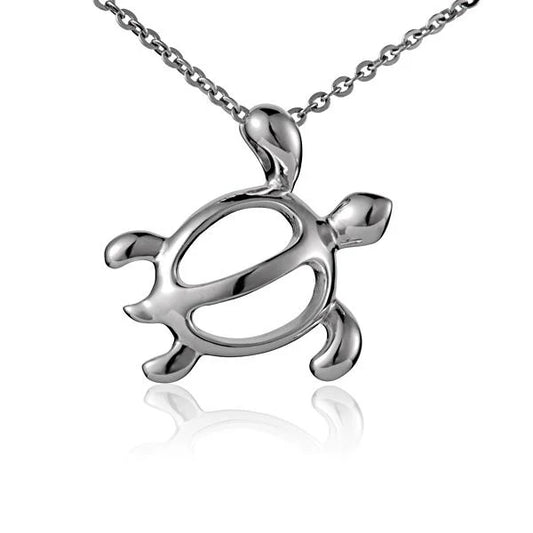 Gold R-Honu swimming pendant by Ashley's Gift Shop, featuring a detailed ocean turtle design on a sleek chain.