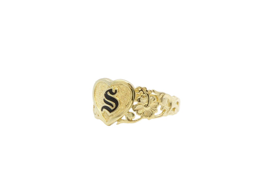 Hawaiian 14K Gold raised enamel heart ring with initial engraving, featuring a delicate heart design and personalized touch.