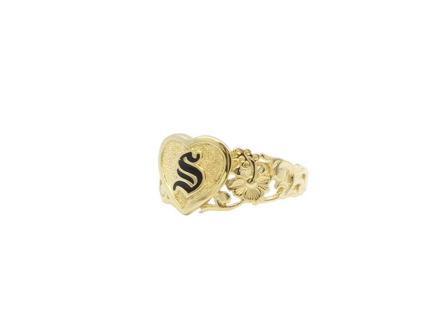 Hawaiian 14K Gold raised enamel heart ring with initial engraving, featuring a delicate heart design and personalized touch.