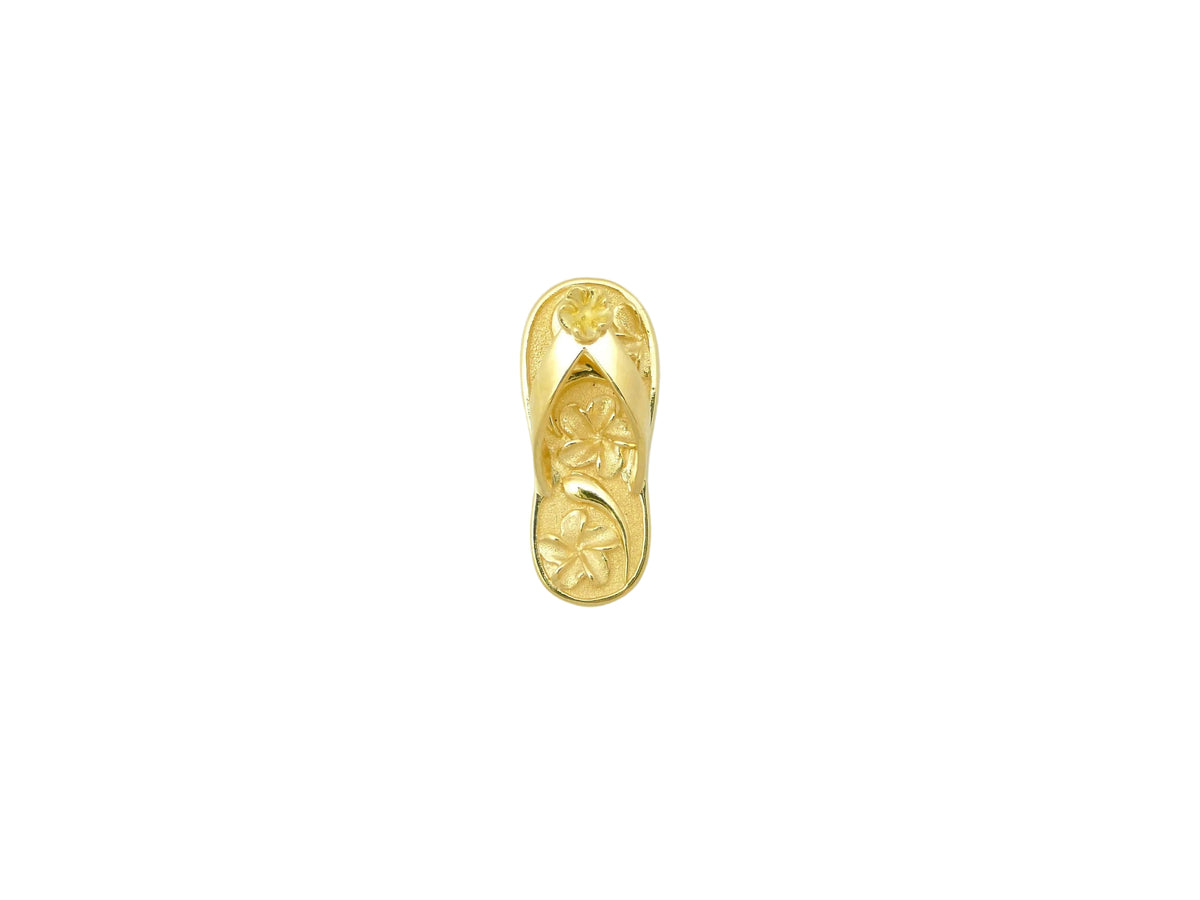 Hawaiian 14K Gold plumeria slipper pendant with raised design, featuring intricate floral details and a polished finish.