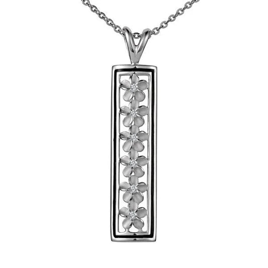 Sterling silver Rectangle 6 Plumeria pendant with detailed floral design, crafted by Ashley's Gift Shop.