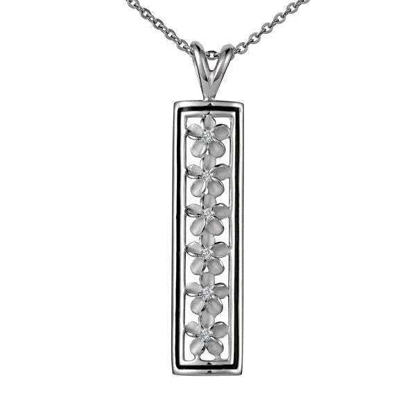 Hawaiian 925 Sterling Silver rectangle 6 Plumeria pendant with detailed floral design.