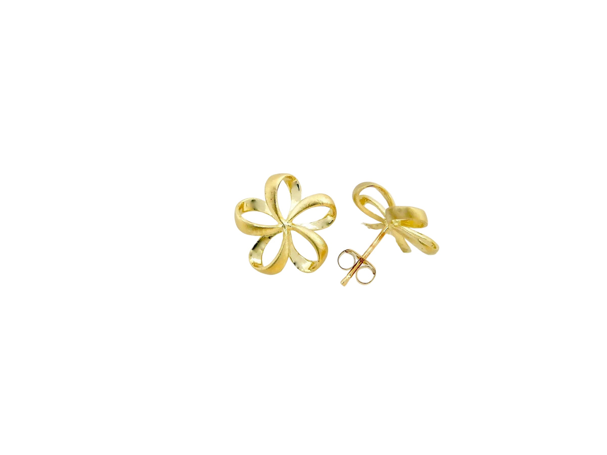Hawaiian 14K Gold medium 14K gold Ribbon Plumeria earring featuring delicate floral design and elegant craftsmanship.