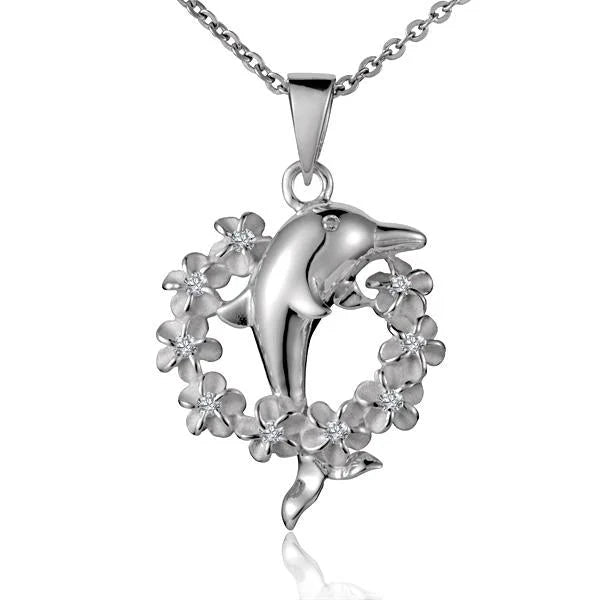 Hawaiian 925 Sterling Silver round Lei R-Dolphin pendant featuring a detailed dolphin design.